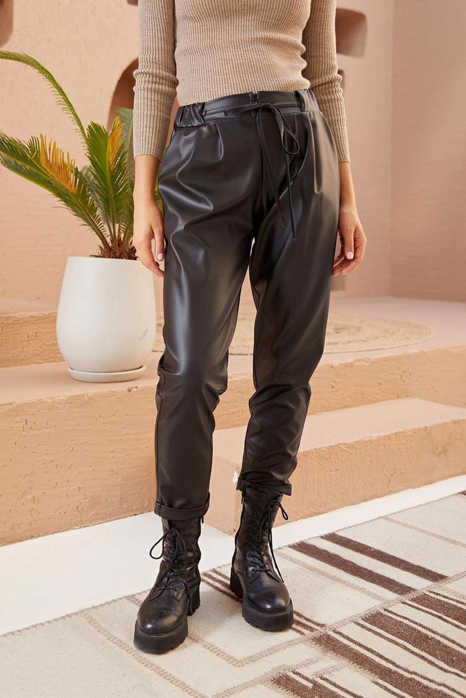 Tesettür giyim SİYAH GİZLİ FERMUARLI DERİ PANTOLON 5020 