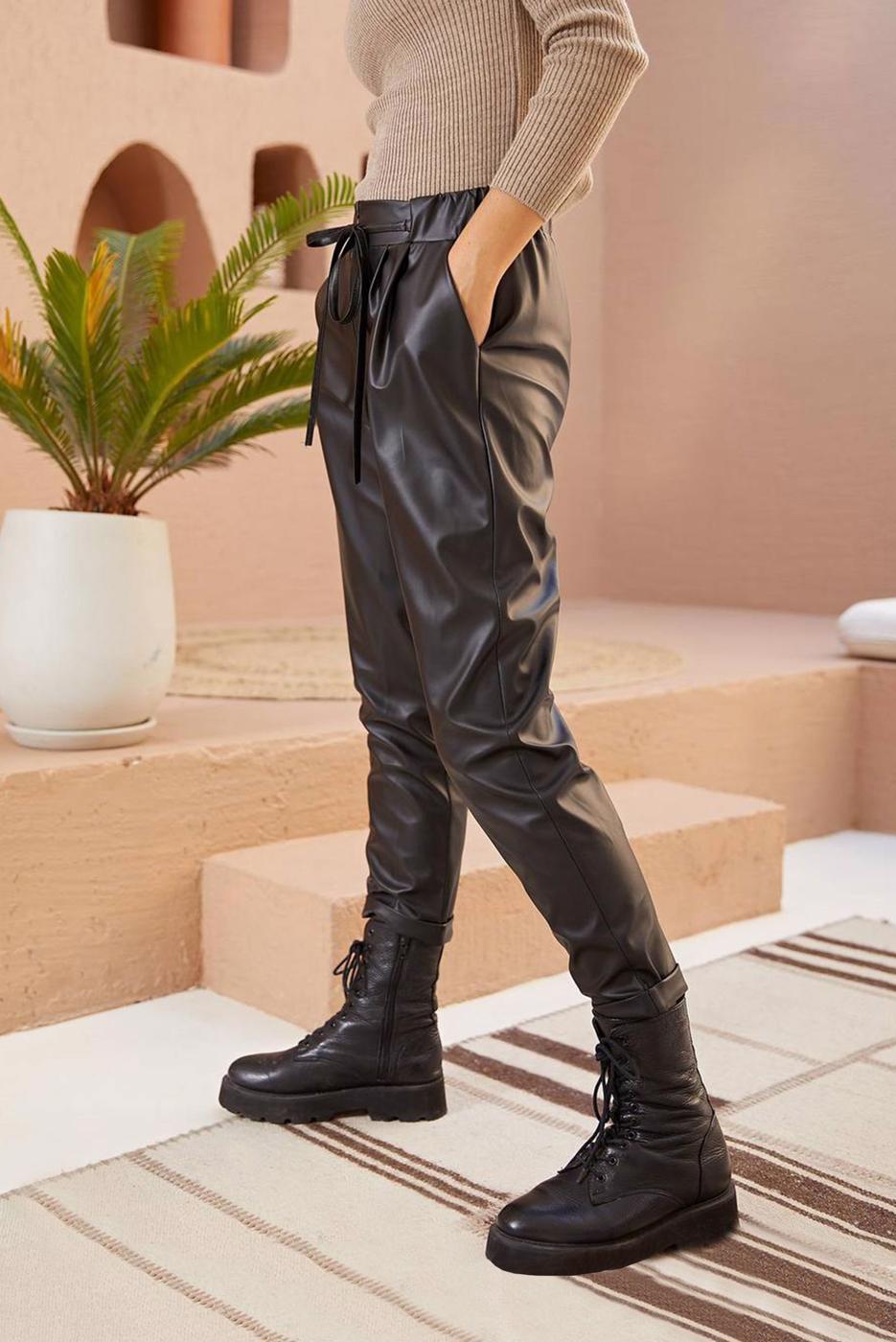 Tesettür giyim SİYAH GİZLİ FERMUARLI DERİ PANTOLON 5020 