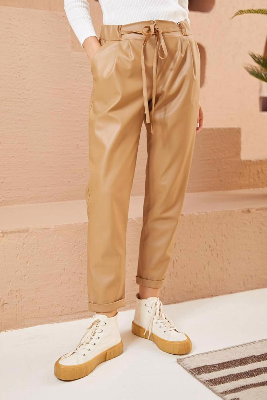 Tesettür giyim KAHVE GİZLİ FERMUARLI DERİ PANTOLON 5020 