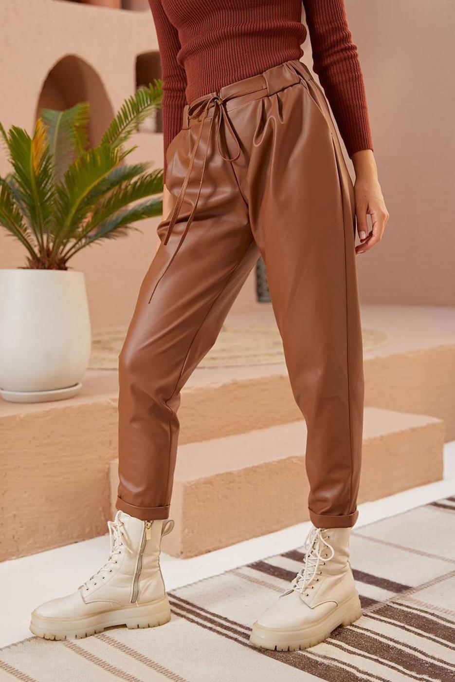 Tesettür giyim TABA GİZLİ FERMUARLI DERİ PANTOLON 5020 