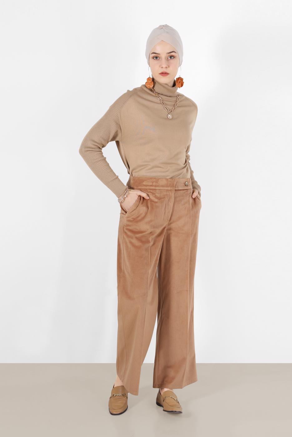 Tesettür giyim KAHVE ALVİNA FİTİLLİ KADİFE GENİŞ PAÇA PANTOLON 70033  
