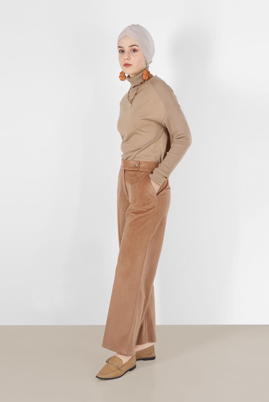 Tesettür giyim KAHVE ALVİNA FİTİLLİ KADİFE GENİŞ PAÇA PANTOLON 70033  