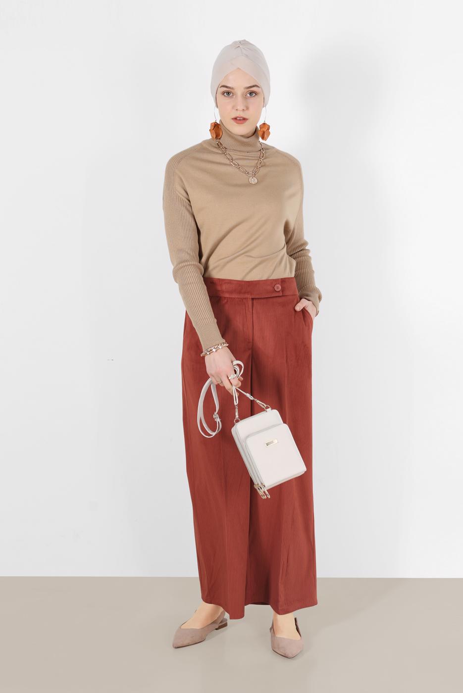 Tesettür giyim KAHVE ALVİNA FİTİLLİ KADİFE GENİŞ PAÇA PANTOLON 70033  