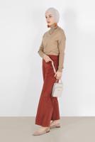 Tesettür giyim KAHVE ALVİNA FİTİLLİ KADİFE GENİŞ PAÇA PANTOLON 70033  