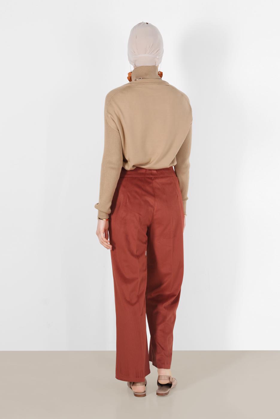 Tesettür giyim KAHVE ALVİNA FİTİLLİ KADİFE GENİŞ PAÇA PANTOLON 70033  