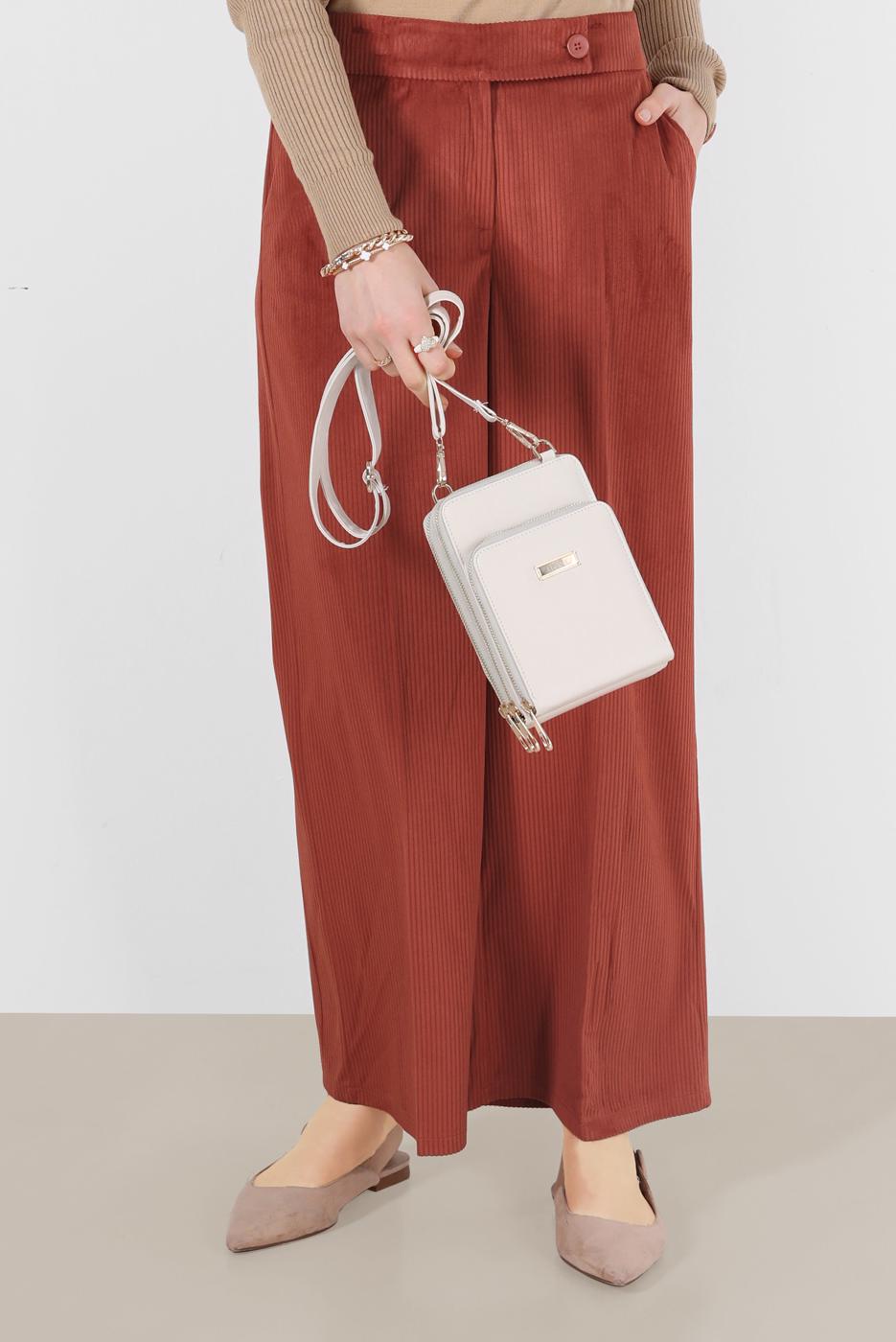 Tesettür giyim KAHVE ALVİNA FİTİLLİ KADİFE GENİŞ PAÇA PANTOLON 70033  