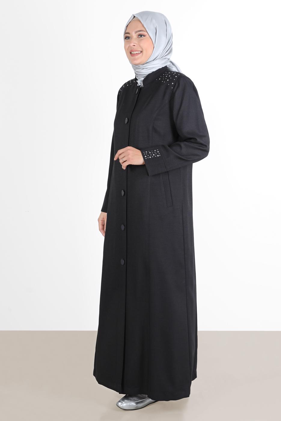 Hijab clothing BLACK ALVİNA SNAP DETAIL BUTTONED TOPCOAT 1040 