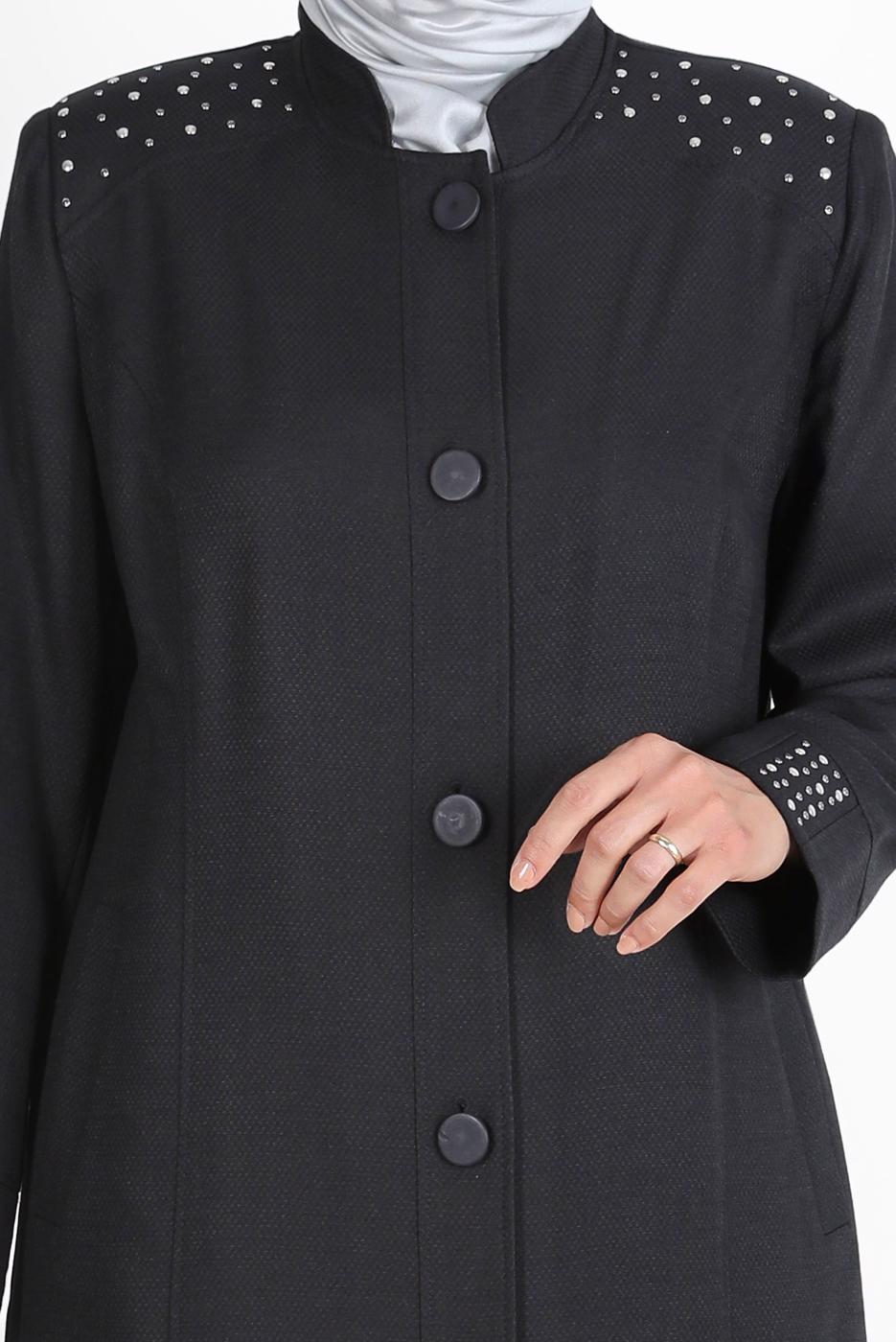 Hijab clothing BLACK ALVİNA SNAP DETAIL BUTTONED TOPCOAT 1040 