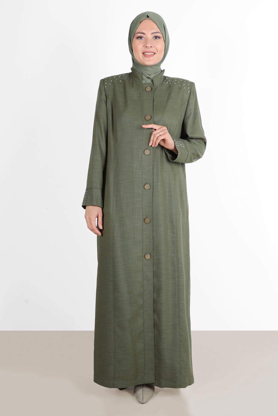 Vêtements hijab KAKI ALVİNA SNAP DETAIL BOUTONNÉ PARDESSUS 1040