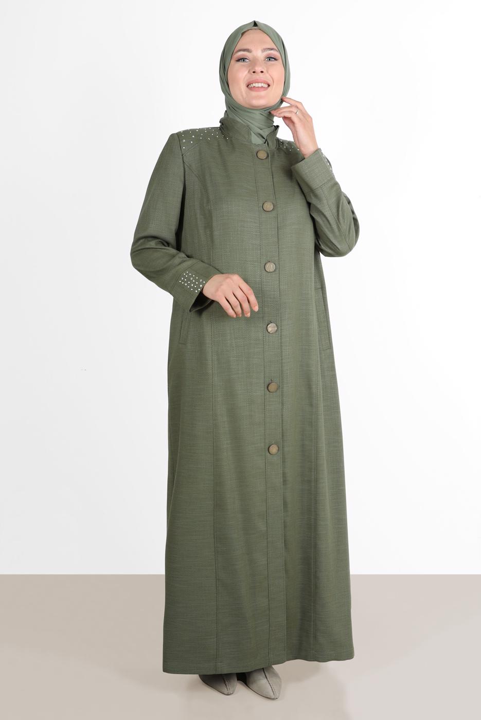 Vêtements hijab KAKI ALVİNA SNAP DETAIL BOUTONNÉ PARDESSUS 1040