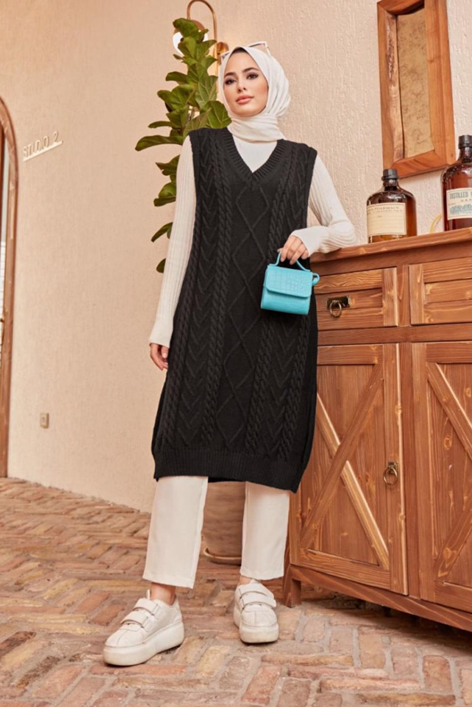 Hijab clothing BLACK PATTERNED KNITWEAR SWEATER 1503 