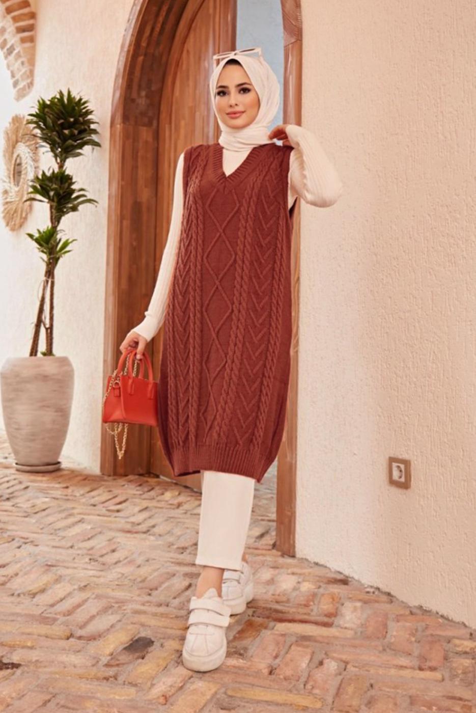 Vêtements hijab BRUN PULL EN MAILLE À MOTIFS 1503