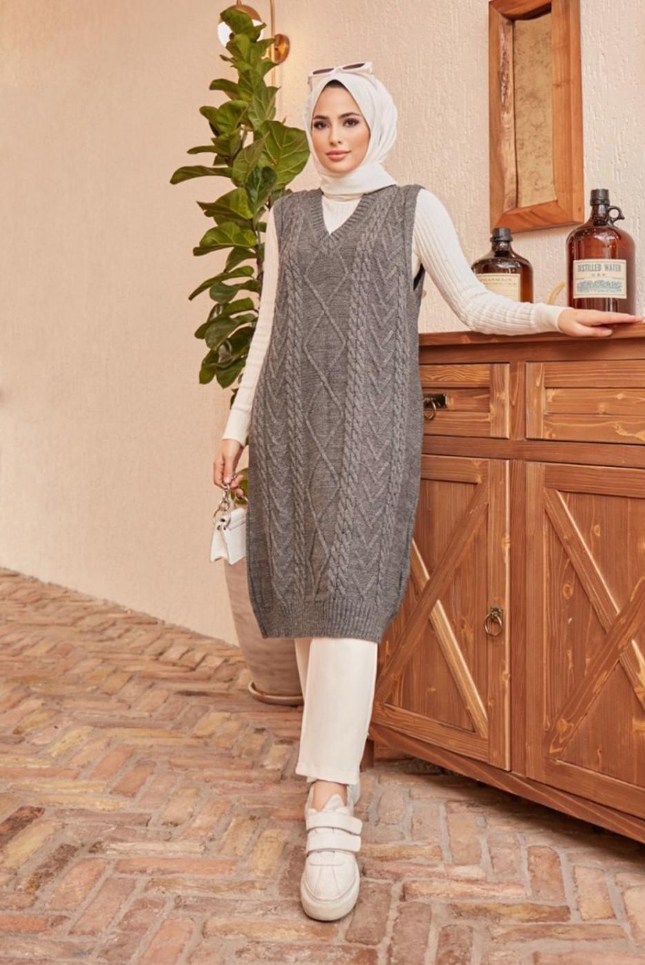 Vêtements hijab GRIS PULL EN MAILLE À MOTIFS 1503