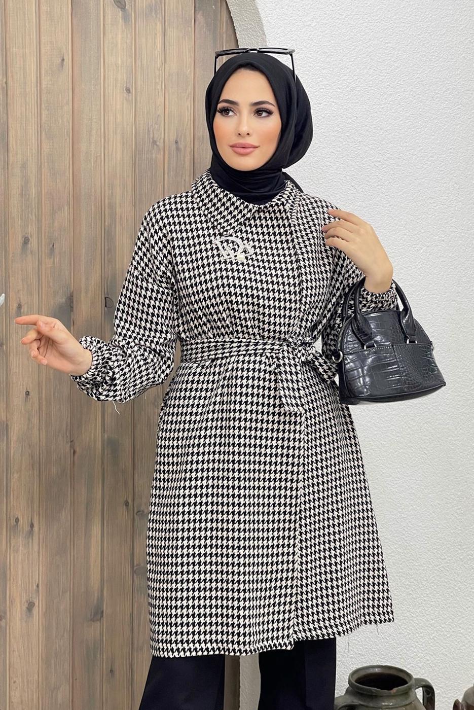 Tesettür giyim VİZON KAZAYAĞI DESEN KUŞAKLI İKİLİ PANT. TAKIM 5520-1 