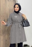 Tesettür giyim VİZON KAZAYAĞI DESEN KUŞAKLI İKİLİ PANT. TAKIM 5520-1 