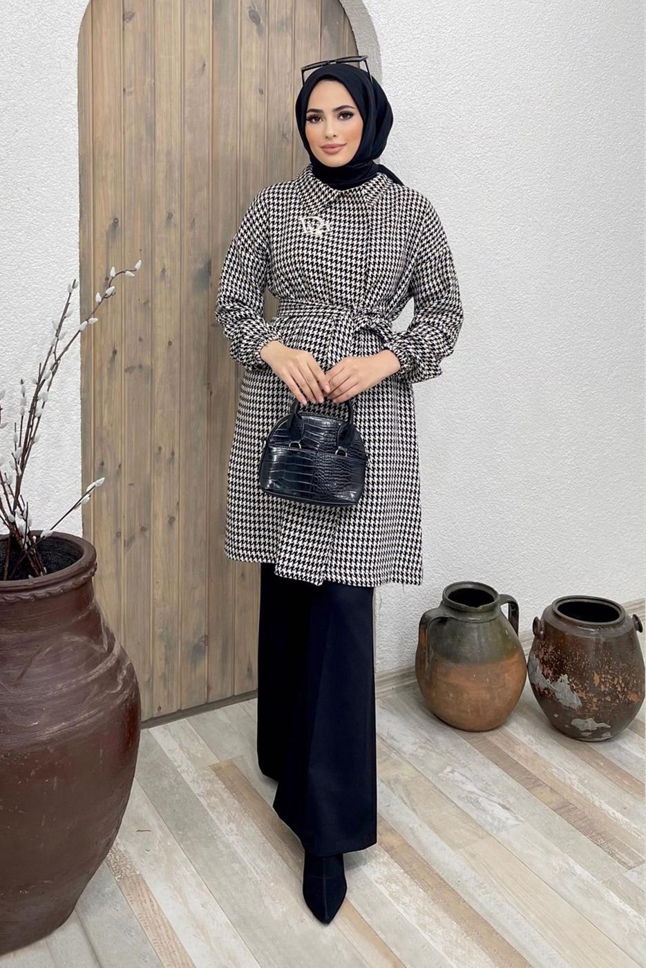 Tesettür giyim VİZON KAZAYAĞI DESEN KUŞAKLI İKİLİ PANT. TAKIM 5520-1 