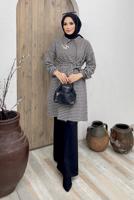 Tesettür giyim VİZON KAZAYAĞI DESEN KUŞAKLI İKİLİ PANT. TAKIM 5520-1 