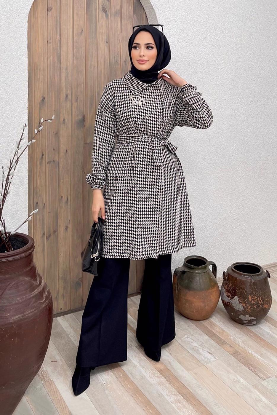 Tesettür giyim VİZON KAZAYAĞI DESEN KUŞAKLI İKİLİ PANT. TAKIM 5520-1 