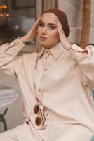 Tesettür giyim BEJ ERKEK YAKA DÜĞMELİ CEP DETAYLI İKİLİ PANT. TAKIM 14601 