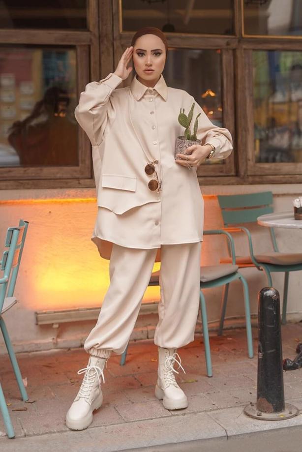 Hijab-Kleidung  ERKEK YAKA DÜĞMELİ CEP DETAYLI İKİLİ PANT. TAKIM 14601  - TRENDTESETTÜR