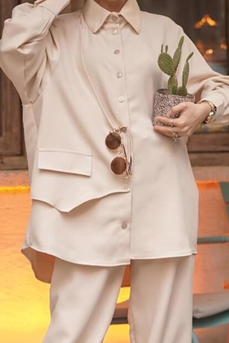 Tesettür giyim BEJ ERKEK YAKA DÜĞMELİ CEP DETAYLI İKİLİ PANT. TAKIM 14601 