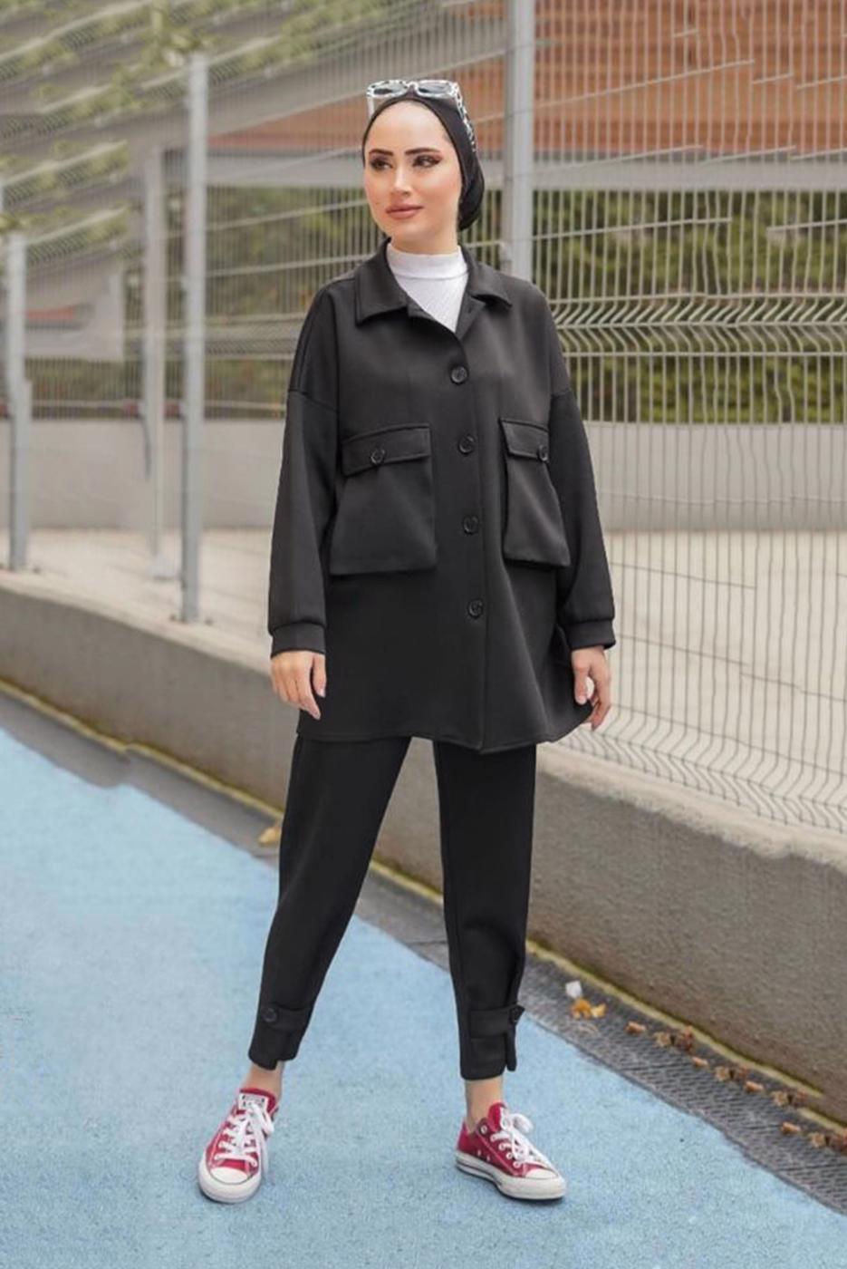 Vêtements hijab NOIR COSTUME PANTALON 2 PIÈCES AVEC POCHE 24601