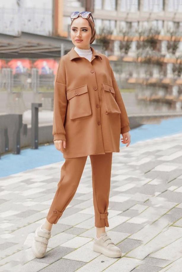 Vêtements hijab  BUTTON DETAIL 2-PIECE PANTS SUIT WITH POCKET 24601  - TRENDTESETTÜR