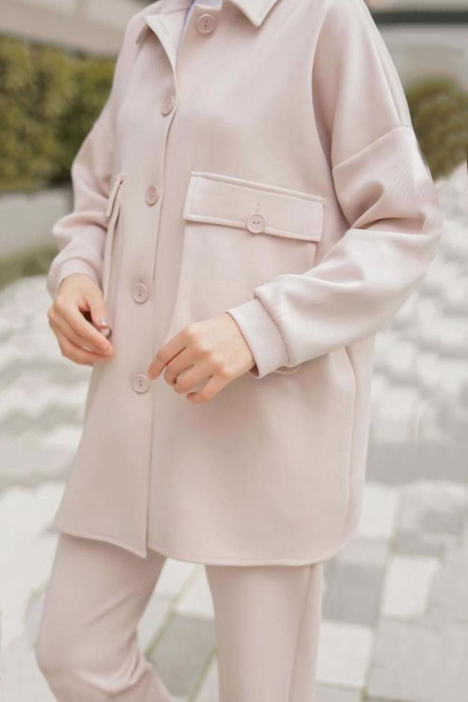 Tesettür giyim BEJ CEPLİ DÜĞME DETAYLI İKİLİ PANT. TAKIM 24601 