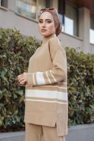 Hijab clothing BROWN STRIPE DETAIL 2-PIECE KNITWEAR PANTS SUIT 27501 