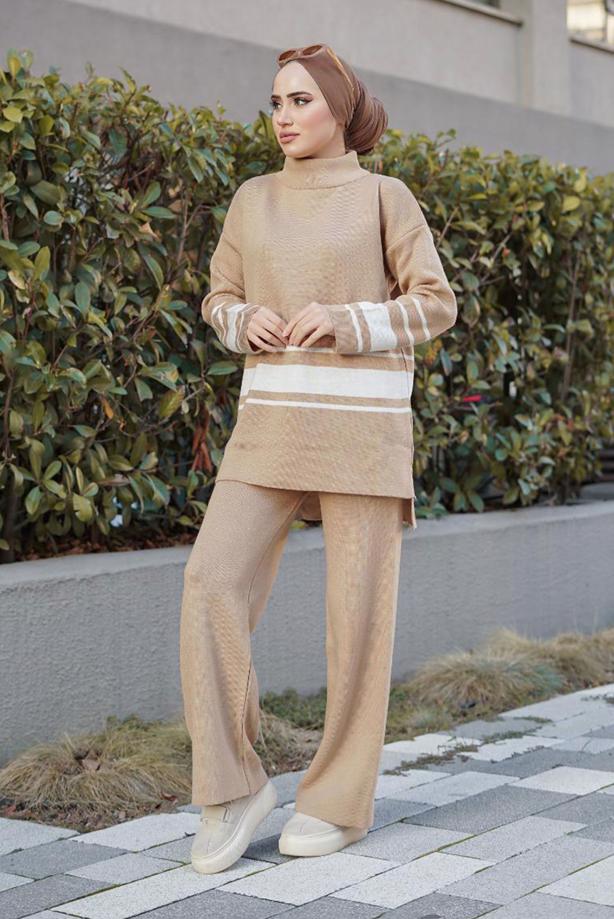 Vêtements hijab  STRIPE DETAIL 2-PIECE KNITWEAR PANTS SUIT 27501  - TRENDTESETTÜR