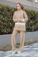 Tesettür giyim KAHVE ŞERİT DETAYLI İKİLİ TRİKO PANT. TAKIM 27501 