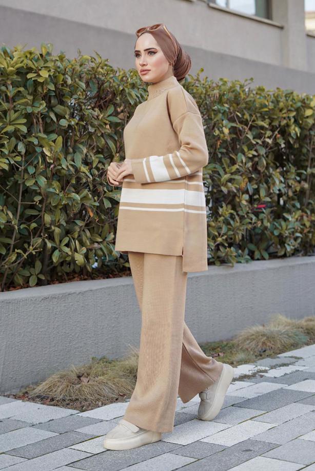 Vêtements hijab  STRIPE DETAIL 2-PIECE KNITWEAR PANTS SUIT 27501  - TRENDTESETTÜR