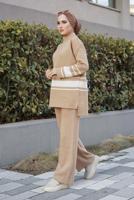 Hijab clothing BROWN STRIPE DETAIL 2-PIECE KNITWEAR PANTS SUIT 27501 