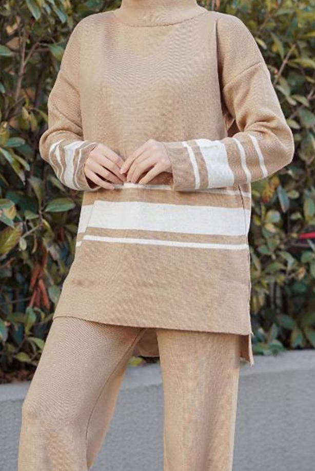 Vêtements hijab  STRIPE DETAIL 2-PIECE KNITWEAR PANTS SUIT 27501  - TRENDTESETTÜR