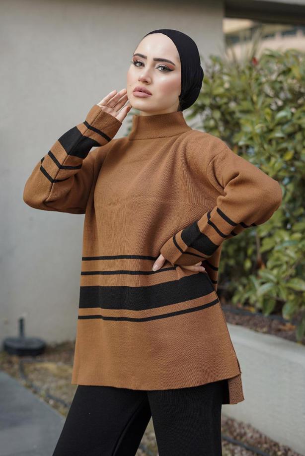 Vêtements hijab  STRIPE DETAIL 2-PIECE KNITWEAR PANTS SUIT 27501  - TRENDTESETTÜR