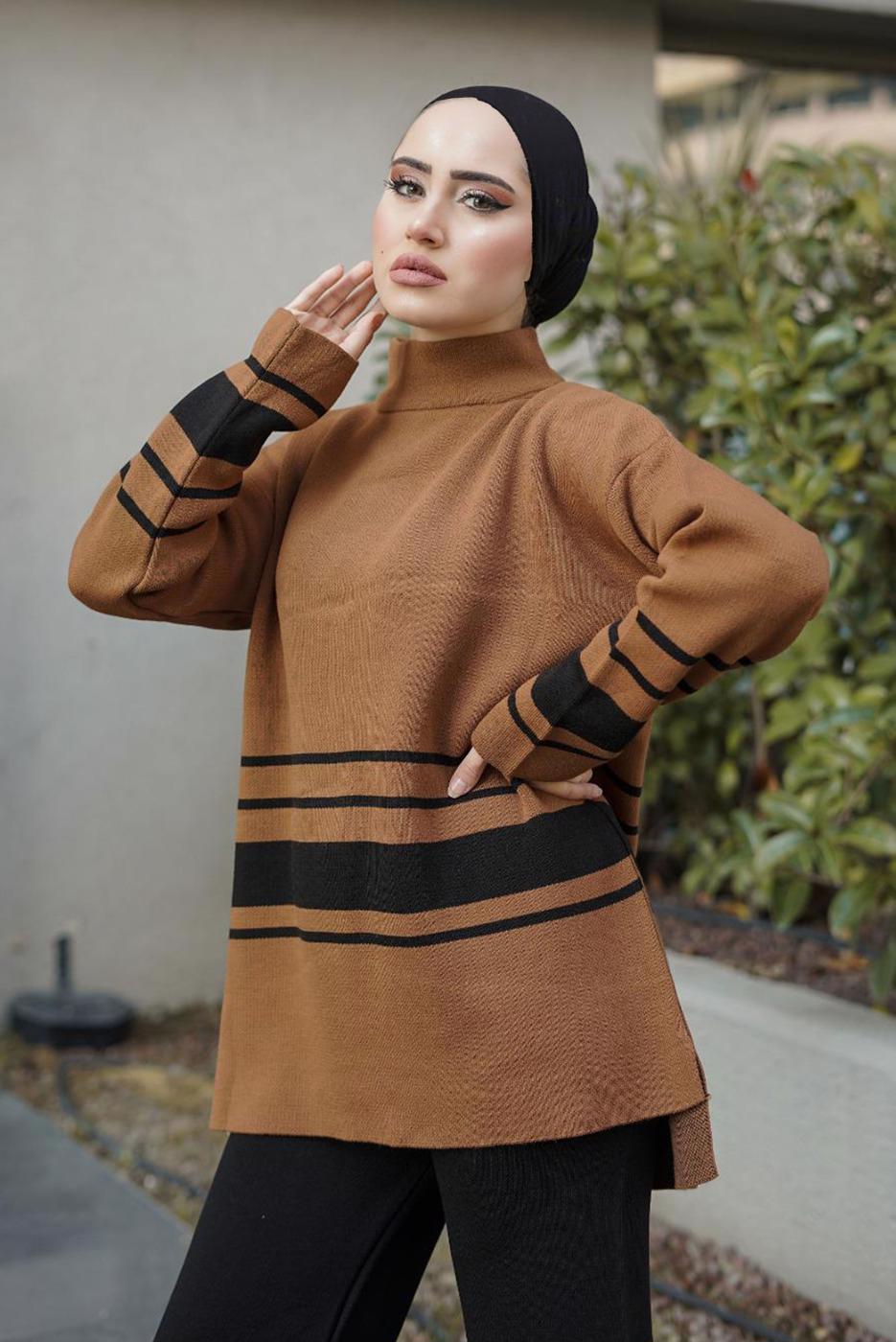 Vêtements hijab TABA COSTUME PANTALON EN MAILLE 2 PIÈCES À RAYURES 27501