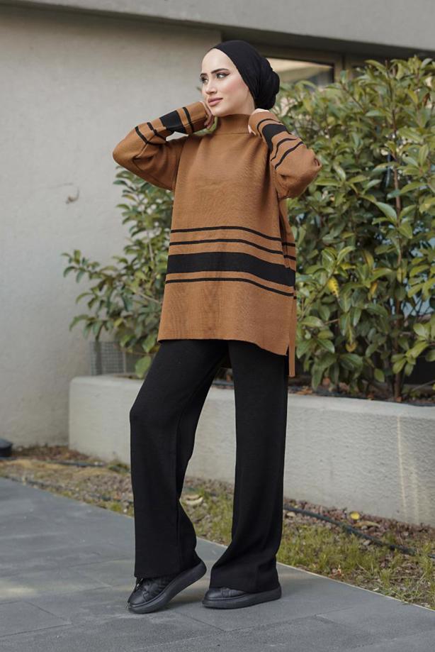 Vêtements hijab  STRIPE DETAIL 2-PIECE KNITWEAR PANTS SUIT 27501  - TRENDTESETTÜR
