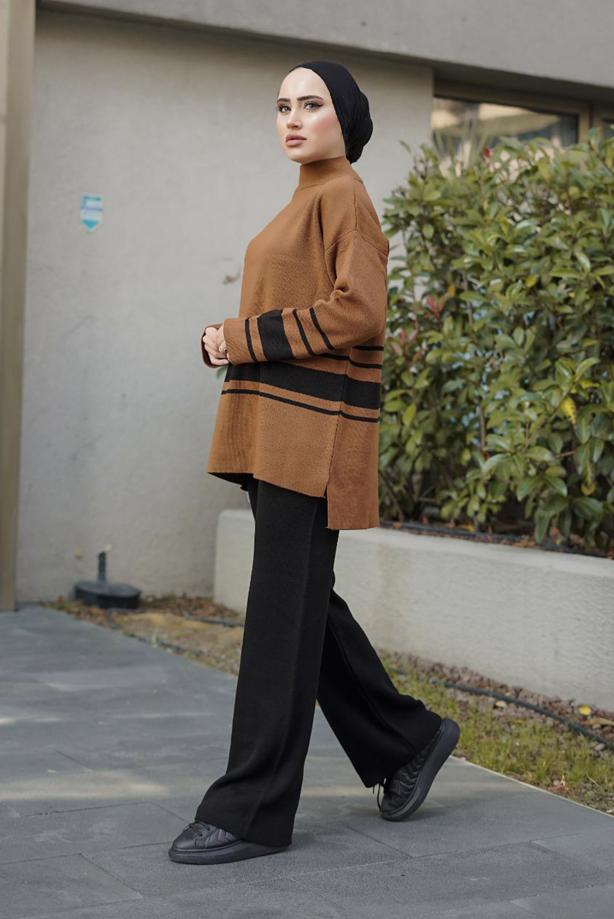 Vêtements hijab  STRIPE DETAIL 2-PIECE KNITWEAR PANTS SUIT 27501  - TRENDTESETTÜR