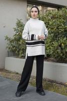 Hijab clothing CREAM STRIPE DETAIL 2-PIECE KNITWEAR PANTS SUIT 27501 