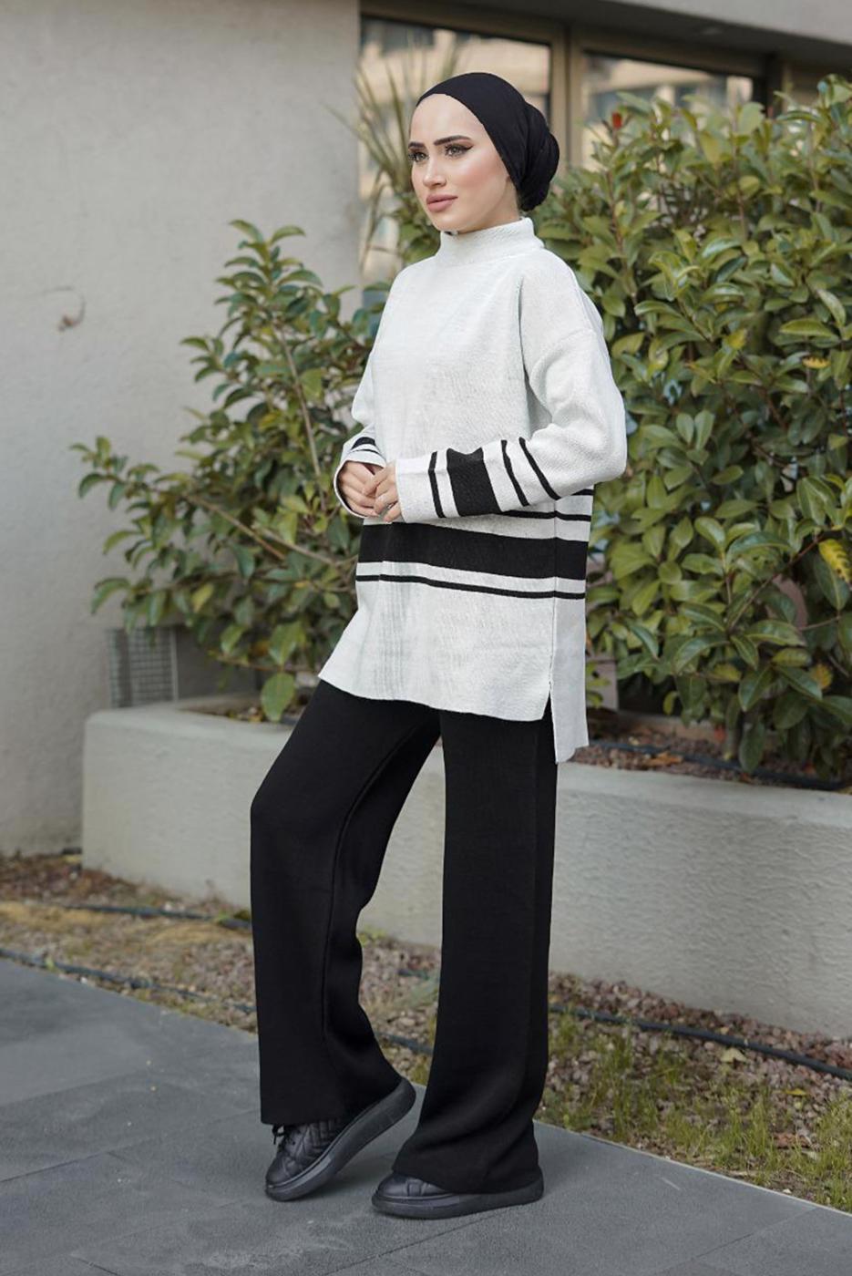 Hijab clothing CREAM STRIPE DETAIL 2-PIECE KNITWEAR PANTS SUIT 27501 