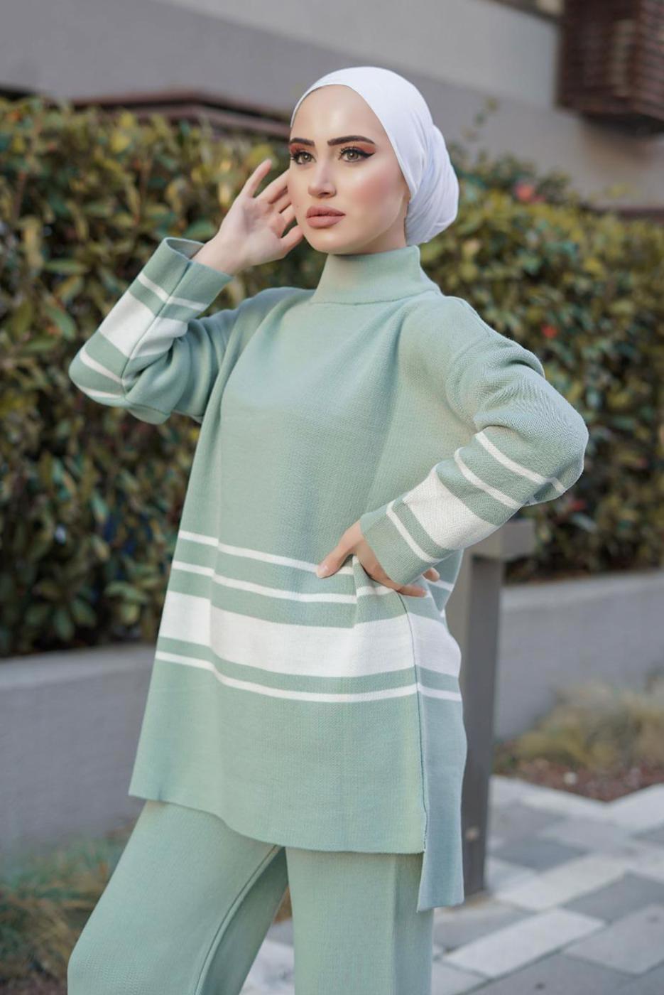 Tesettür giyim YEŞİL ŞERİT DETAYLI İKİLİ TRİKO PANT. TAKIM 27501 
