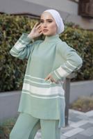 Tesettür giyim YEŞİL ŞERİT DETAYLI İKİLİ TRİKO PANT. TAKIM 27501 