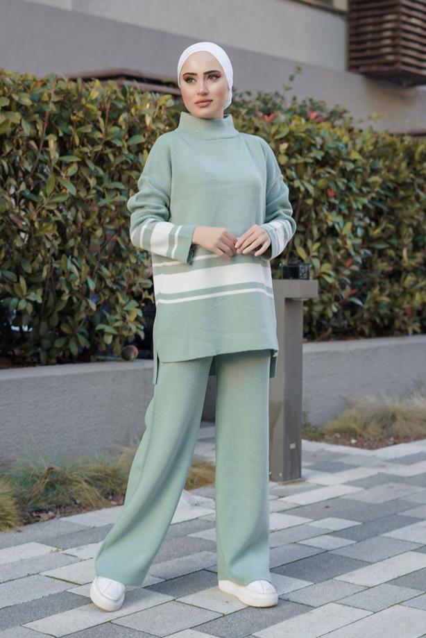 Vêtements hijab  STRIPE DETAIL 2-PIECE KNITWEAR PANTS SUIT 27501  - TRENDTESETTÜR