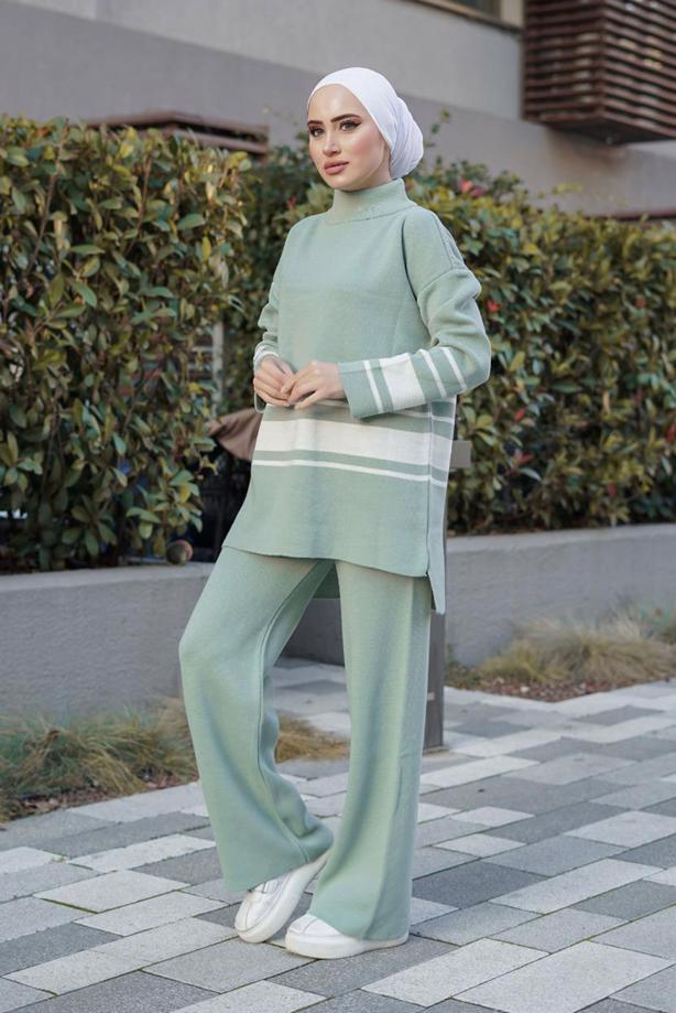 Vêtements hijab  STRIPE DETAIL 2-PIECE KNITWEAR PANTS SUIT 27501  - TRENDTESETTÜR