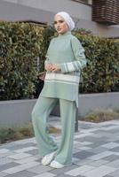 Tesettür giyim YEŞİL ŞERİT DETAYLI İKİLİ TRİKO PANT. TAKIM 27501 