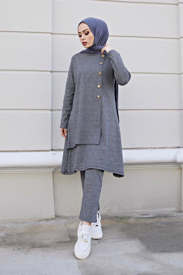 Vêtements hijab  BUTTON DETAIL ASYMMETRIC CUT 2-PIECE PANTS SUIT 30000  - TRENDTESETTÜR