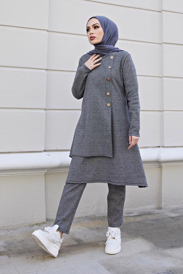 Vêtements hijab  BUTTON DETAIL ASYMMETRIC CUT 2-PIECE PANTS SUIT 30000  - TRENDTESETTÜR