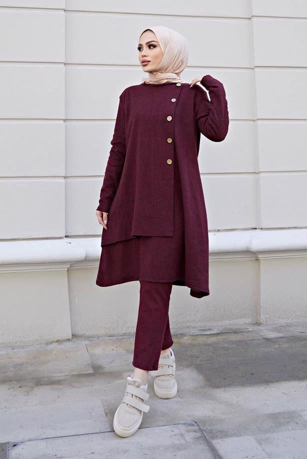 Vêtements hijab  BUTTON DETAIL ASYMMETRIC CUT 2-PIECE PANTS SUIT 30000  - TRENDTESETTÜR