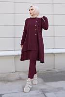 Vêtements hijab ROUGE BORDEAUX COSTUME PANTALON 2 PIÈCES COUPE ASYMÉTRIQUE DÉTAIL BOUTONS 30000