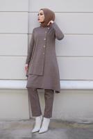 Tesettür giyim VİZON DÜĞME DETAYLI ASİMETRİK KESİM İKİLİ PANT. TAKIM 30000 